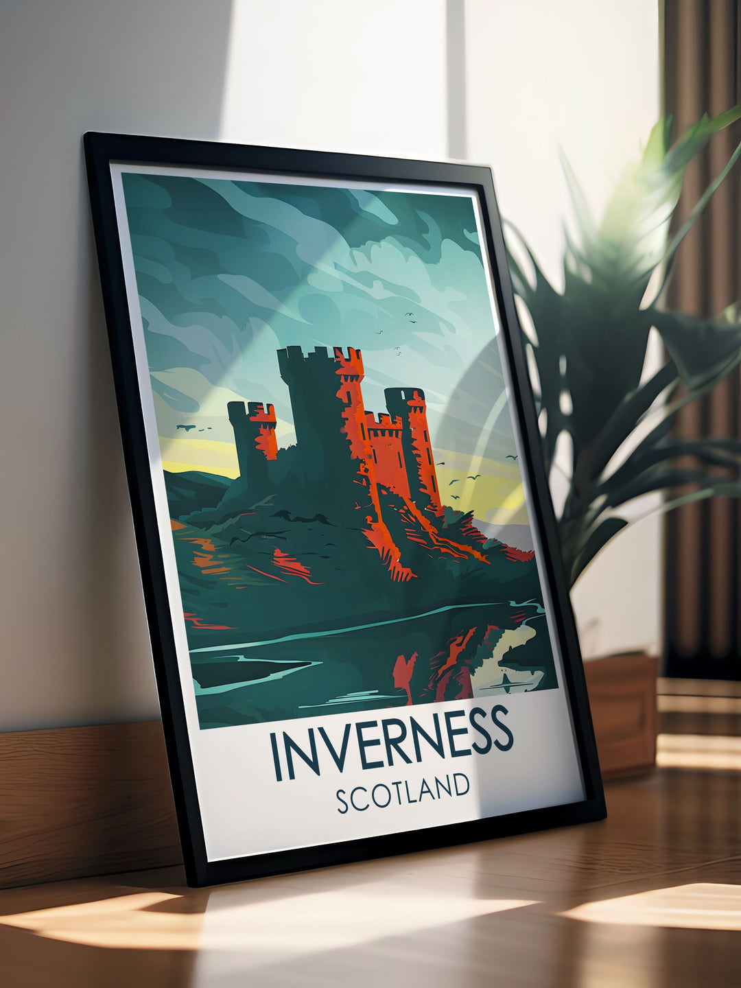 Canvas art depicting the serene landscapes of Inverness, highlighting the historic castle perched on a hill, the tranquil River Ness flowing nearby, and the vibrant greenery that surrounds the area.