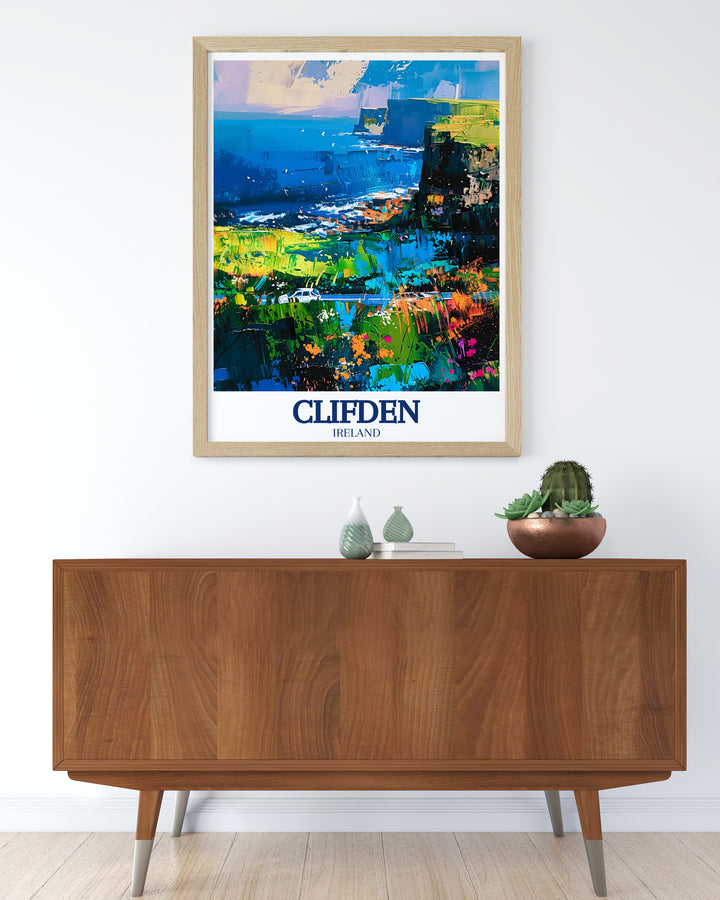 Decorative poster of Clifden, Ireland, featuring the stunning scenery of Clifden Bay along the Wild Atlantic Way. Perfect for enhancing your space with the charm and beauty of Irelands coastline.