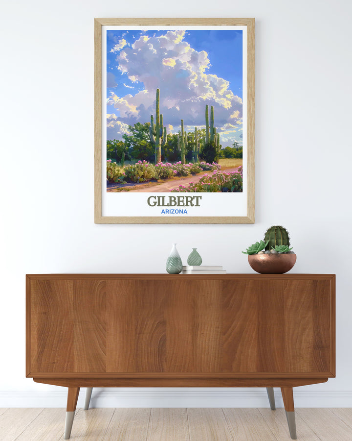 Featuring the Riparian Preserve, this Arizona travel print captures the serene setting of one of Gilberts most beautiful landmarks. The artworks minimalist design makes it a perfect fit for modern or rustic decor.