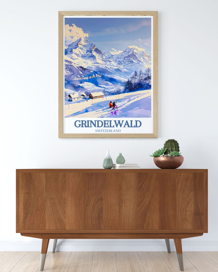 Showcasing the iconic peaks of Monch and Jungfrau, this poster captures the exhilarating spirit and stunning landscapes of the Jungfrau Ski Region, perfect for your home decor.
