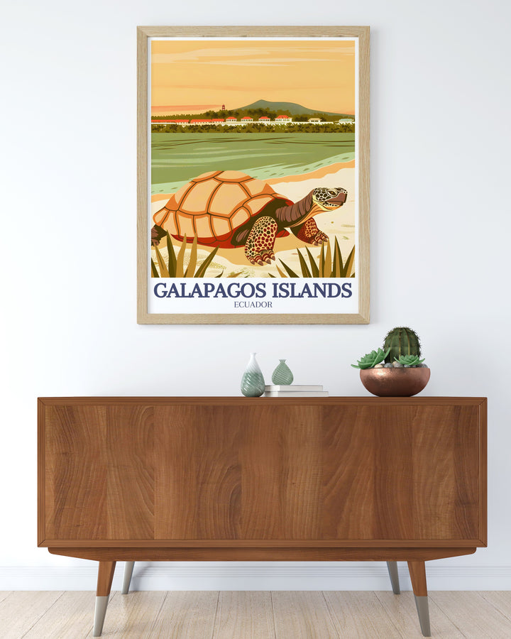 A vibrant illustration of the Galapagos Islands, focusing on Santa Cruz Island and Floreana Island. This art print is the perfect way to celebrate Ecuadors rich natural history and makes a beautiful gift for travelers and nature enthusiasts.