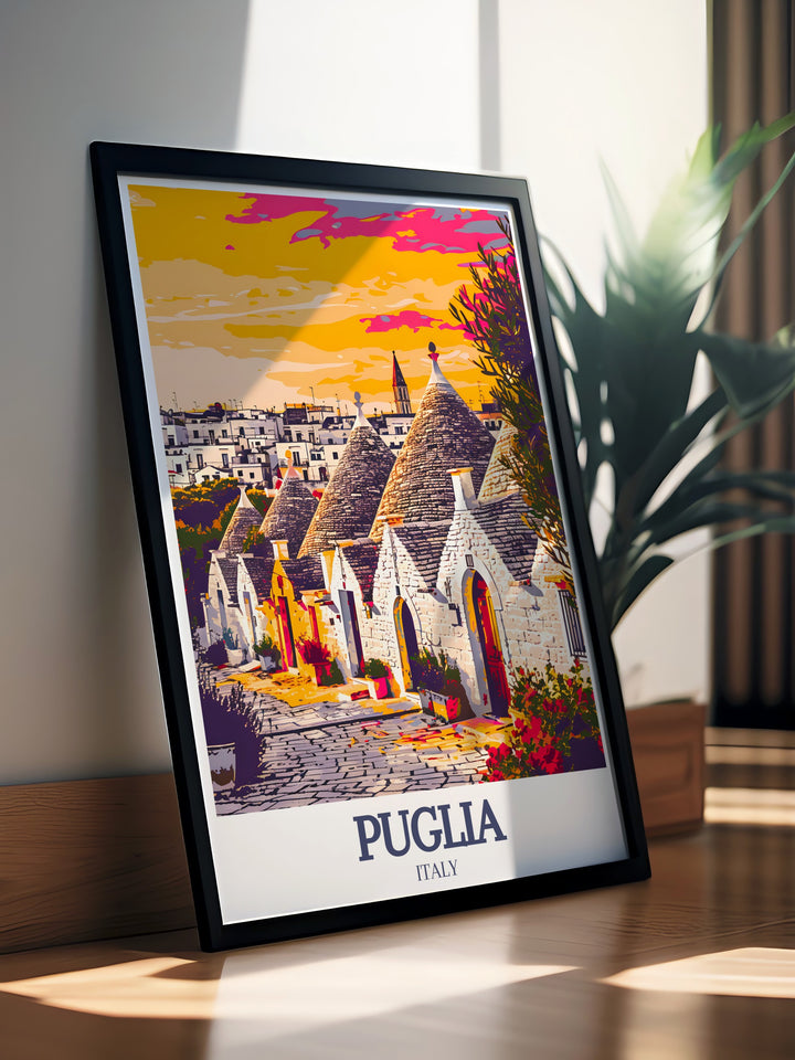 Discover the beauty of Trulli houses in Alberobello with our Puglia Print. This Italy Travel Gift is perfect for art lovers, capturing the picturesque landscapes and unique architecture of Trulli houses.