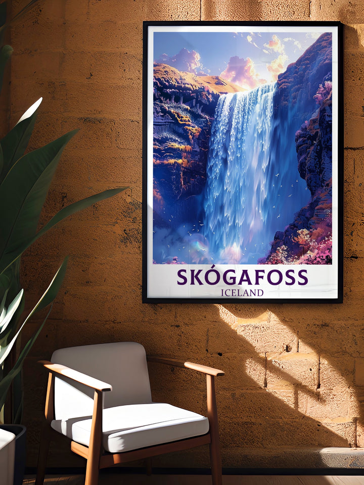 Exquisite Skogafoss Waterfall Poster Print featuring the dramatic cascade and natural splendor of Icelands iconic waterfall ideal for enhancing your home décor with Waterfall Framed Prints and Elegant Home Decor creating a focal point that brings a touch of Icelandic adventure to your space