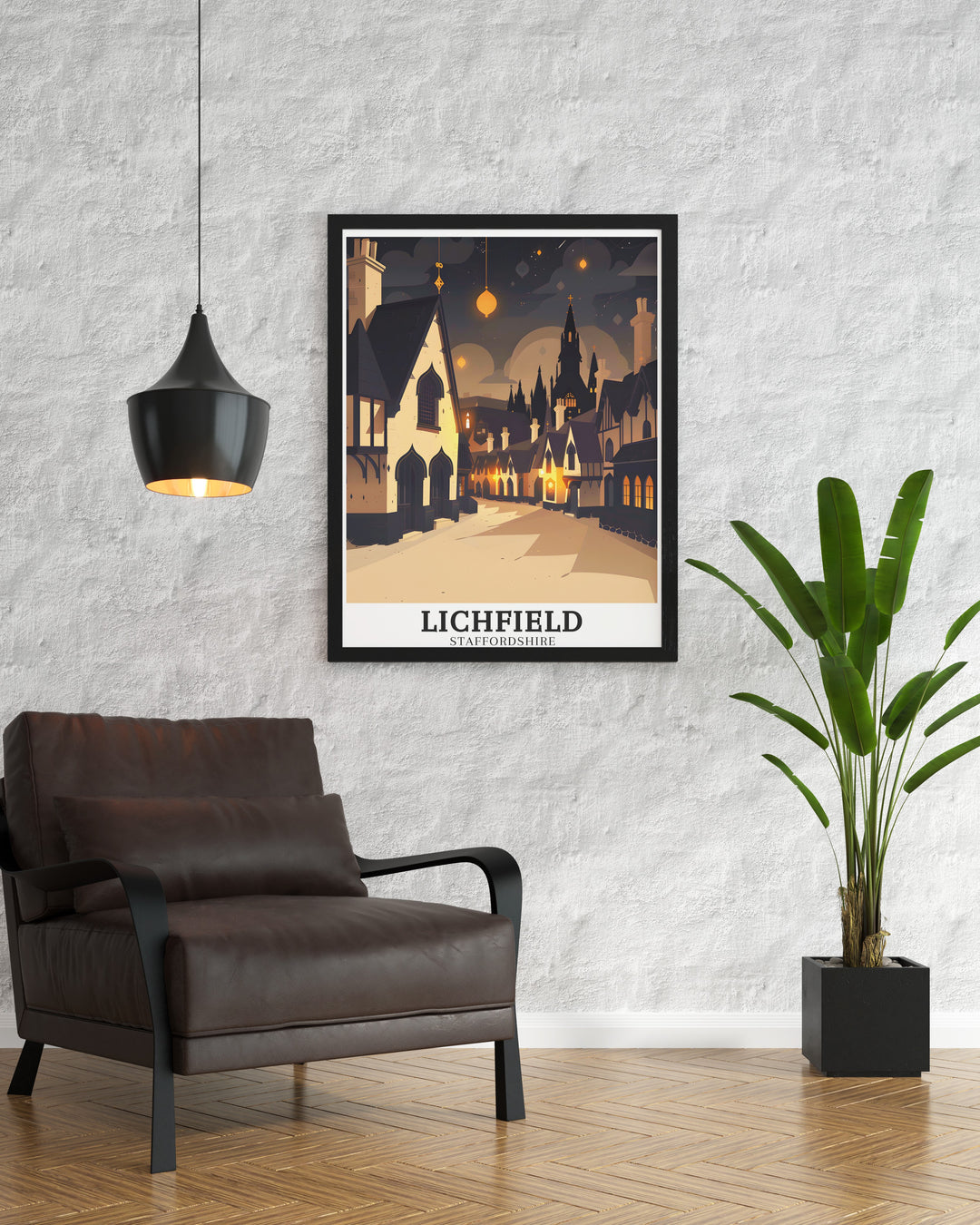 Featuring the lively streets of Lichfields town centre and the stunning architecture of Lichfield Cathedral, this travel print offers a beautiful representation of this historic town. Ideal for anyone who appreciates English landmarks and British culture.