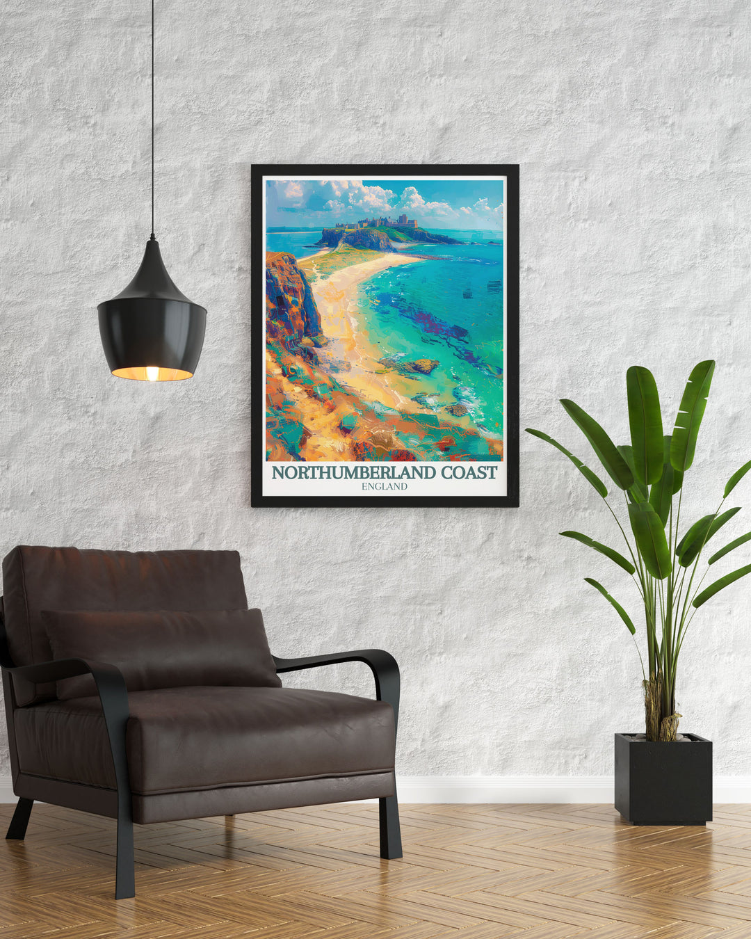 Seaside travel print featuring the stunning landscapes of Northumberlands coastline with Bamburgh Castle and Dunstanburgh Castle prominent in the scene perfect for enhancing your home with a touch of historical beauty.