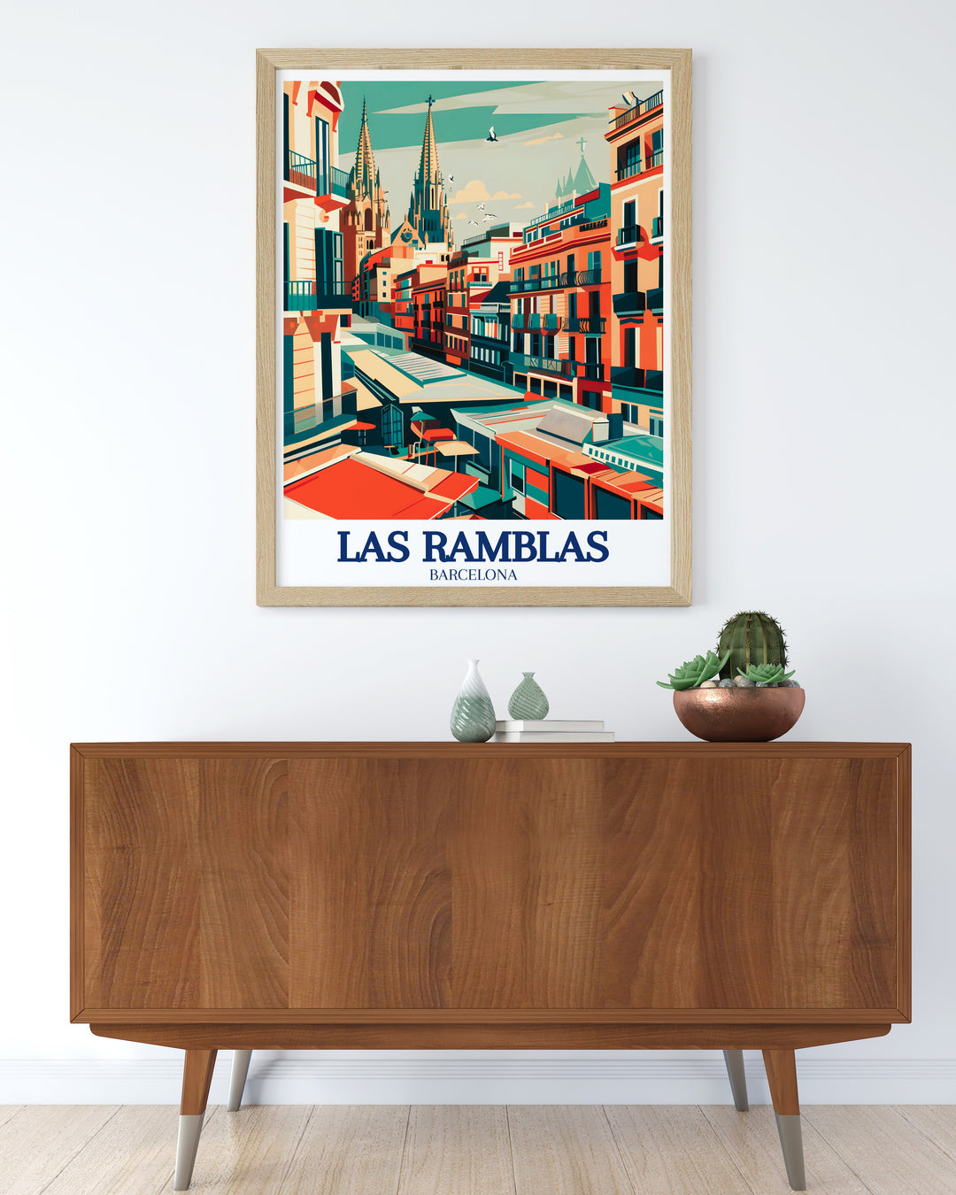 A travel print featuring La Rambla de Sant Josep, capturing the blend of history, culture, and modern life in this famous Barcelona street. This framed art is perfect for lovers of European architecture and cityscapes, offering a vivid and detailed depiction of one of Spains most iconic streets.