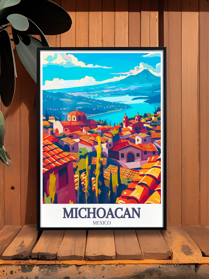 This framed art piece captures the stunning Paricutín Volcano and peaceful Patzcuaro Lake, showcasing the best of Michoacáns natural beauty. The bold, vintage design makes this travel poster perfect for any room, offering a striking reminder of Mexicos unique landscapes.