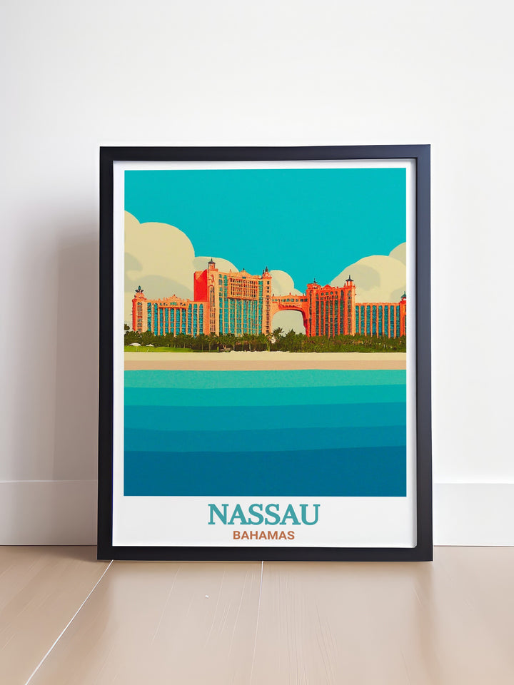 Caribbean Framed Art showcasing Nassau and the famous Atlantis Resort, offering a visual escape to the tropical paradise of the Bahamas. This artwork brings the beauty of Nassaus coast and luxurious resorts into your living space, making it an ideal centerpiece for any room.