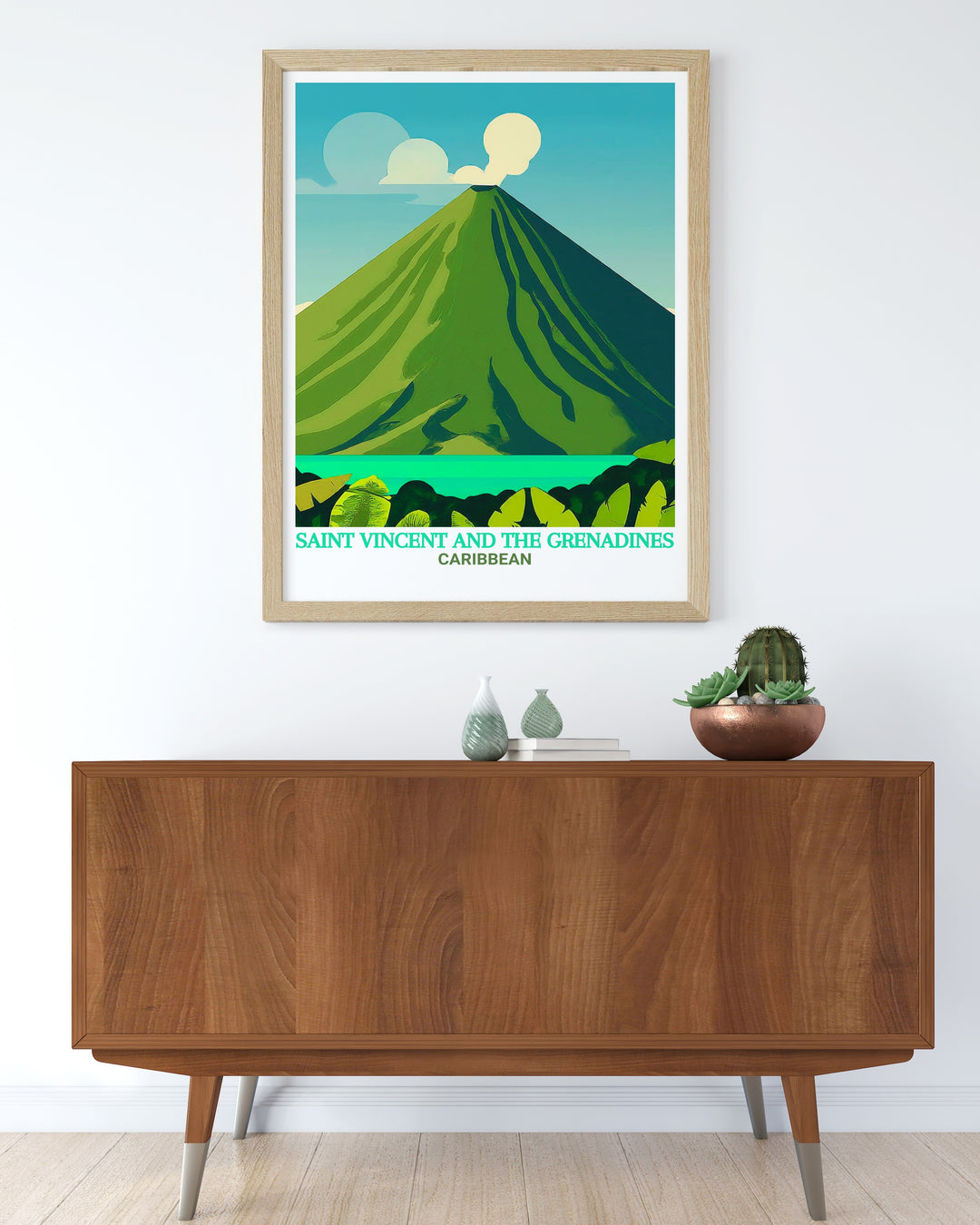 Art print capturing the serene yet powerful presence of La Soufrière Volcano, surrounded by the lush greenery of Saint Vincent. This artwork is a perfect gift for those who cherish the beauty and adventure of the Caribbean.