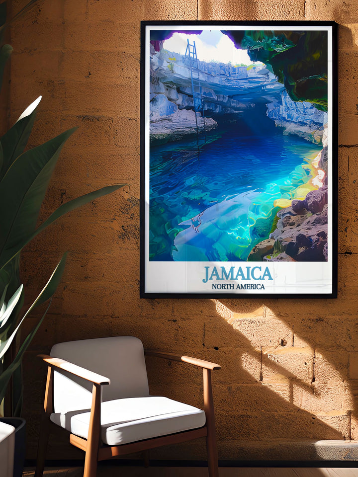 Featuring the Blue Hole Mineral Spring, this Jamaica art print offers a vibrant look at one of the islands most tranquil spots. The poster showcases the clear waters and lush surroundings of this natural wonder, making it a must have for any lover of Jamaicas tropical beauty.