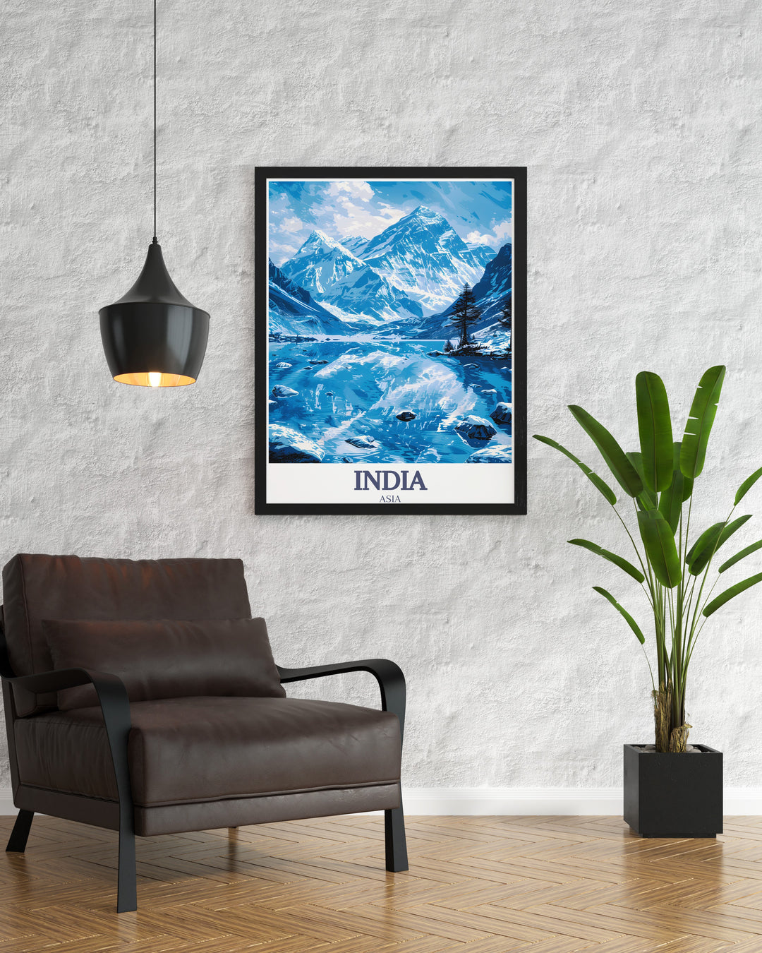 Bring the grandeur of Indias Taj Mahal and the awe inspiring Himalayas into your home with this travel print. Mount Everest stands tall in the background, adding a sense of adventure and wonder to this unique poster.