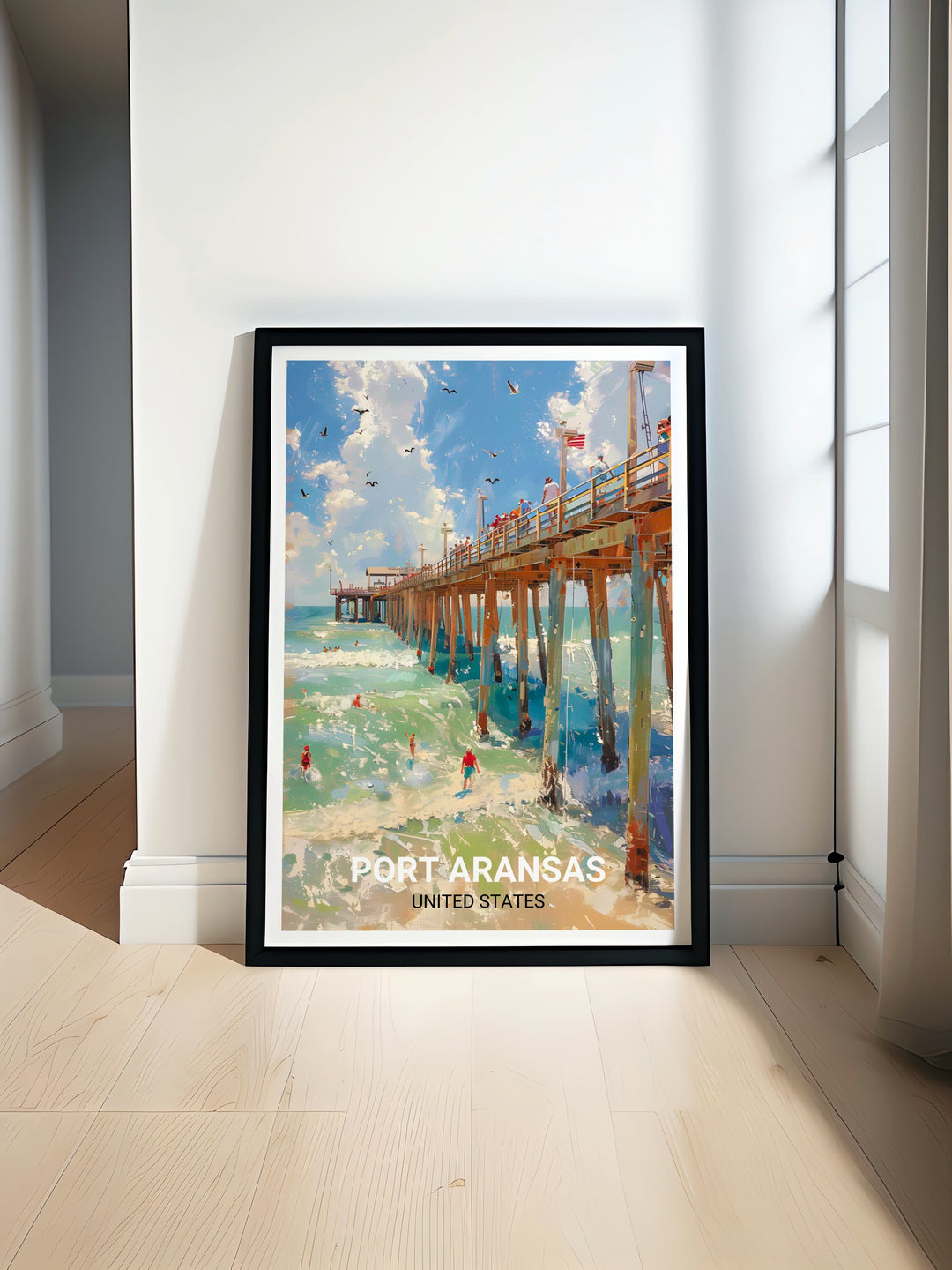 This travel poster showcases the picturesque Horace Caldwell Pier in Port Aransas, Texas. The detailed artwork captures the piers timeless appeal and the tranquil waters of the Gulf, bringing a piece of Texas coastal charm into your living space.