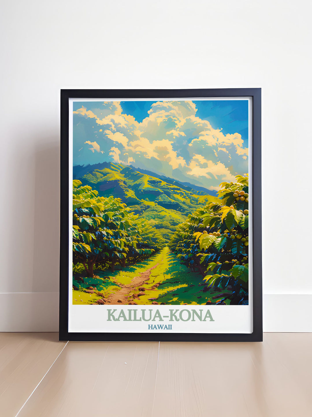 An art print of Kona Coffee Farms, capturing the tranquil landscapes and historical importance of the coffee plantations. The detailed illustration offers a unique perspective on Hawaiis cultural heritage.