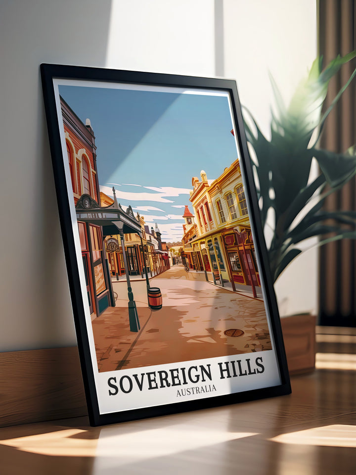 Charming Sovereign Hill travel print depicting the vibrant scenes of life during the gold rush. This piece captures the essence of Victorias rich history, making it a unique gift or decor