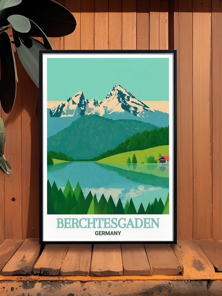 Berchtesgaden National Park artwork includes depictions of the famous Salt Mines showcasing the regions rich history and making it an ideal travel gift for friends and family who love Germany