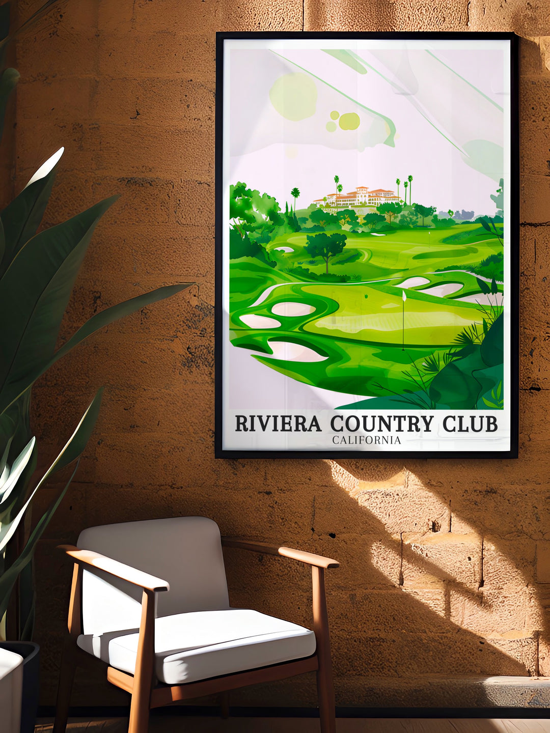 A stunning poster print of the Riviera Country Club, Pacific Palisades, featuring the iconic Riviera Club House and the legendary 18th Hole. This golf art print is the perfect addition to any golf lovers decor, combining sports history and scenic beauty.