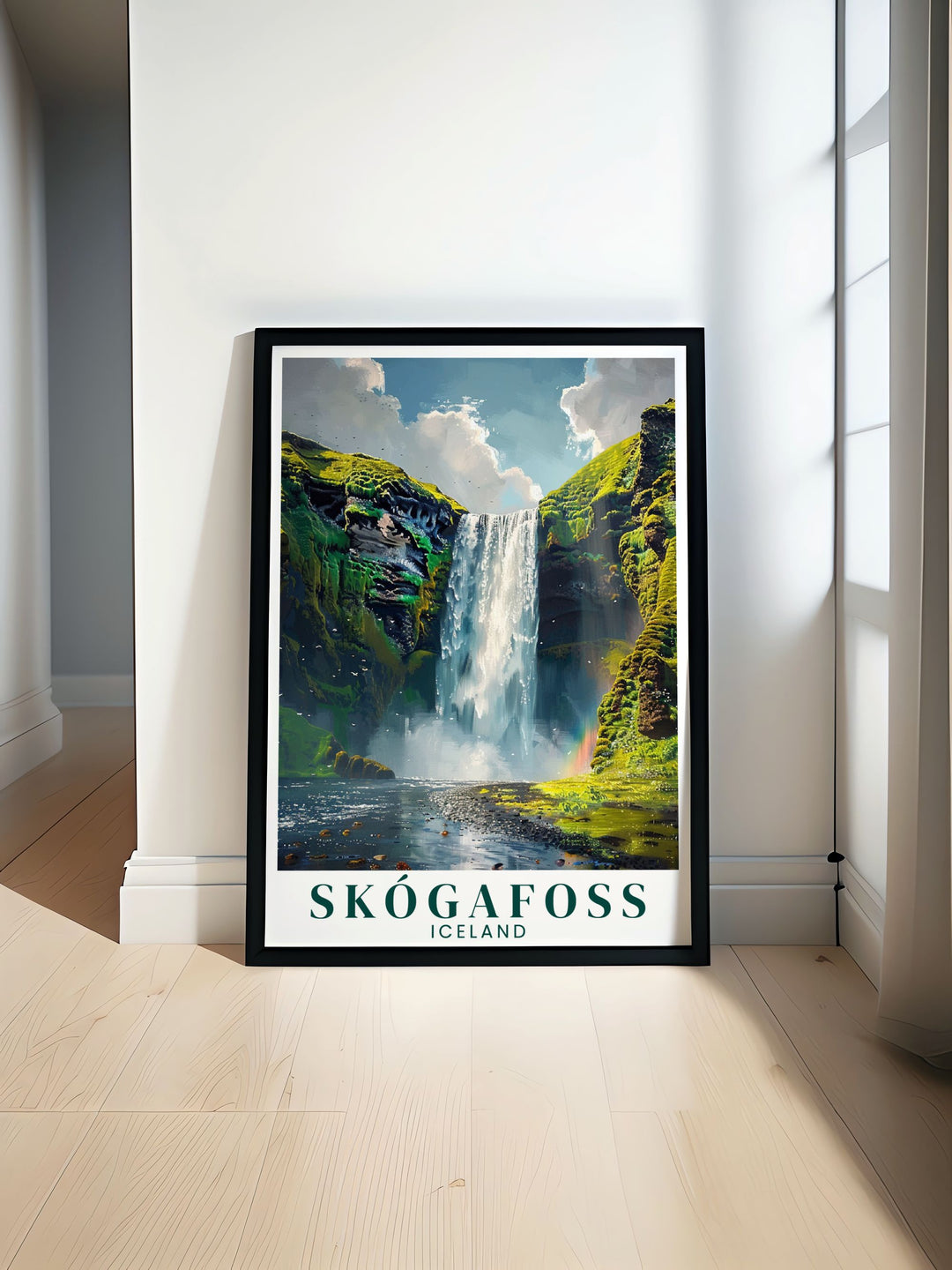 Stunning Skogafoss waterfall travel poster showcasing the majestic beauty of one of Icelands most iconic landmarks perfect for adding a touch of natural wonder to your home decor and inspiring your next adventure.