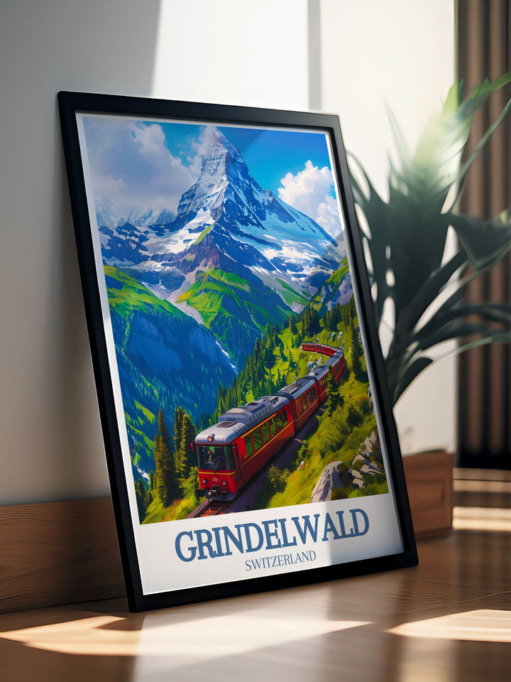 A beautiful vintage print of Eiger mountain Grindelwald First showcasing the serene landscapes of the Swiss Alps. Ideal for any room this Grindelwald First wall art adds a touch of elegance with its detailed and vibrant illustration.
