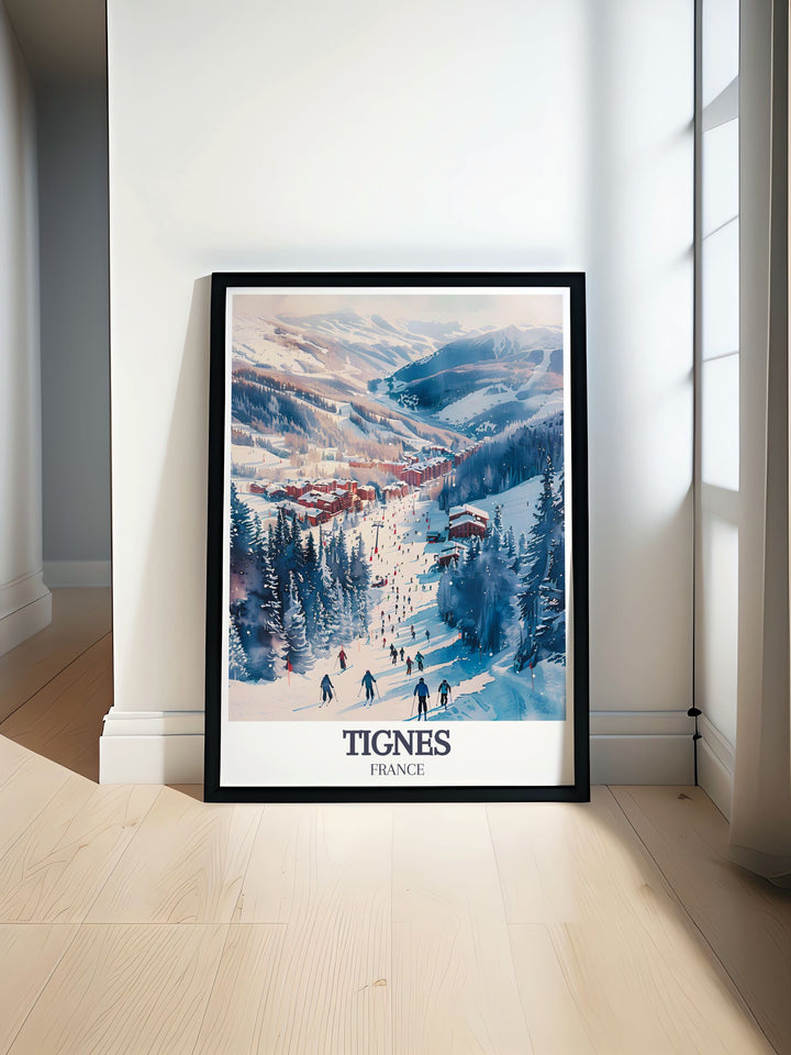 a framed poster of a snowy mountain scene