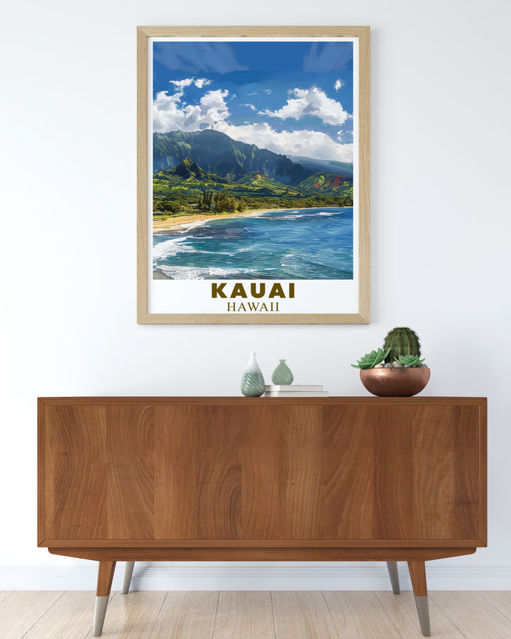 Add a piece of Hawaii to your home with this Kauai travel print. Featuring the picturesque Hanalei Bay, this colorful art is printed on high quality paper and makes an excellent gift for friends, family, or any tropical decor lover.