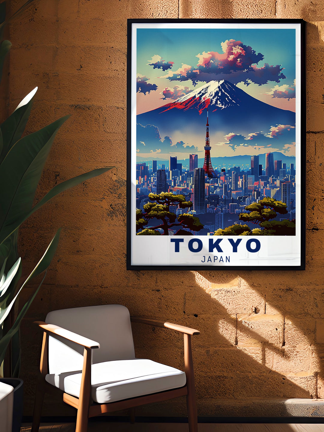 The Mount Fuji framed art print features the picturesque view of cherry blossoms and Japans tallest peak, set against a backdrop of Tokyos skyline. This beautiful artwork is the perfect addition to your home, capturing the harmony between Japans natural wonders and its urban life.