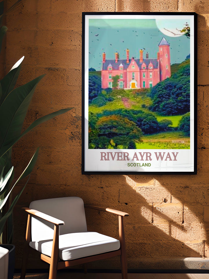 River Ayr Way travel poster showcasing the scenic beauty of the River Ayr Way and the historic Sorn Castle. This artwork captures the essence of these iconic landmarks, perfect for home decor or as a gift for nature and history lovers. A timeless piece celebrating Scotland.