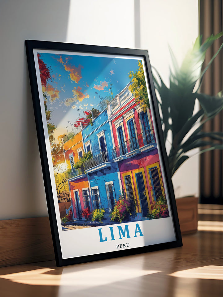 Bring the colorful streets of Lima, Peru, into your home with this travel print featuring the Barranco District. The poster highlights the citys dynamic energy and artistic spirit, offering a stunning addition to any wall art collection.