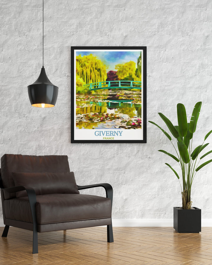 This Giverny poster print beautifully captures the iconic Water Lily Pond and Japanese Bridge from Claude Monets garden. The tranquil waters and lush greenery bring a serene, natural touch to your home decor, evoking the peaceful charm of the French countryside.