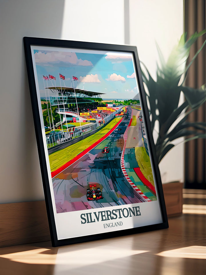 Stunning Silverstone Wing British Racing Drivers Club clubhouse print with a dynamic depiction of the racing track. This travel print brings a touch of motorsport excitement to your wall decor, blending seamlessly with modern and elegant home accents.