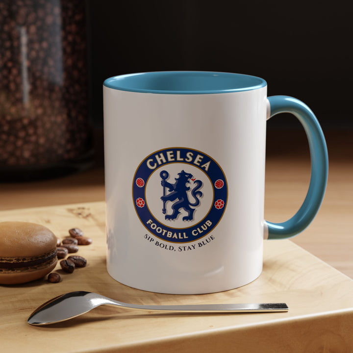A Chelsea FC mug in classic blue ceramic with the club emblem prominently displayed. Designed for fans who enjoy coffee, tea, or hot chocolate, it offers durability, vibrant colors, and a collector-friendly design that celebrates the Blues and Premier League pride.