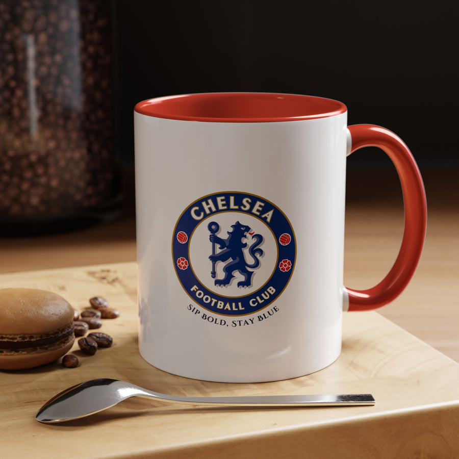 Chelsea FC ceramic mug in red featuring the official club logo. Perfect for coffee, tea, or hot chocolate, this durable and stylish mug allows fans to showcase Blues pride every day at home, office, or during game-day celebrations, making it ideal for collectors or gifting to dedicated supporters.