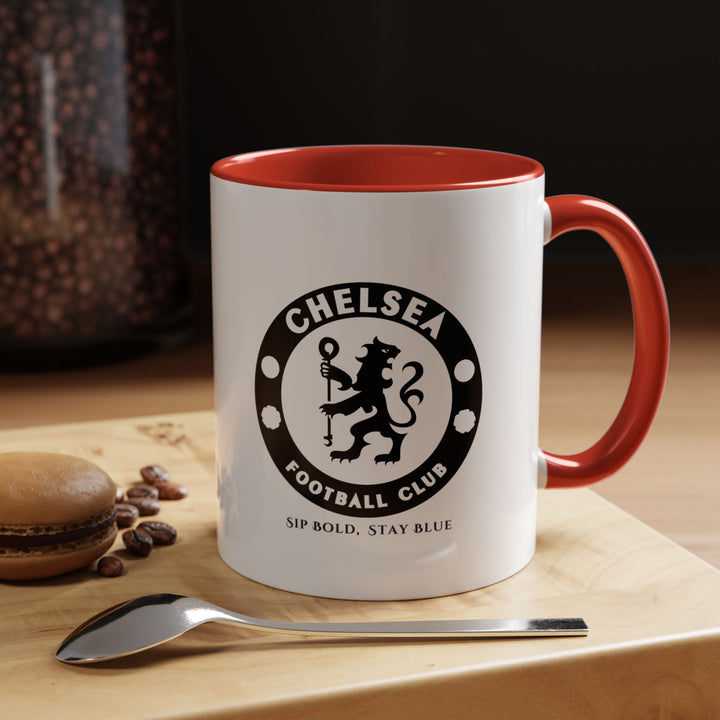 Chelsea FC fan ceramic mug in red, perfect for coffee, tea, or hot chocolate. Durable and stylish, this mug lets fans showcase their Blues pride daily. Ideal for home, office, or gifting, it combines functionality with fan spirit, making it a collectible and practical piece for Chelsea supporters of all ages.