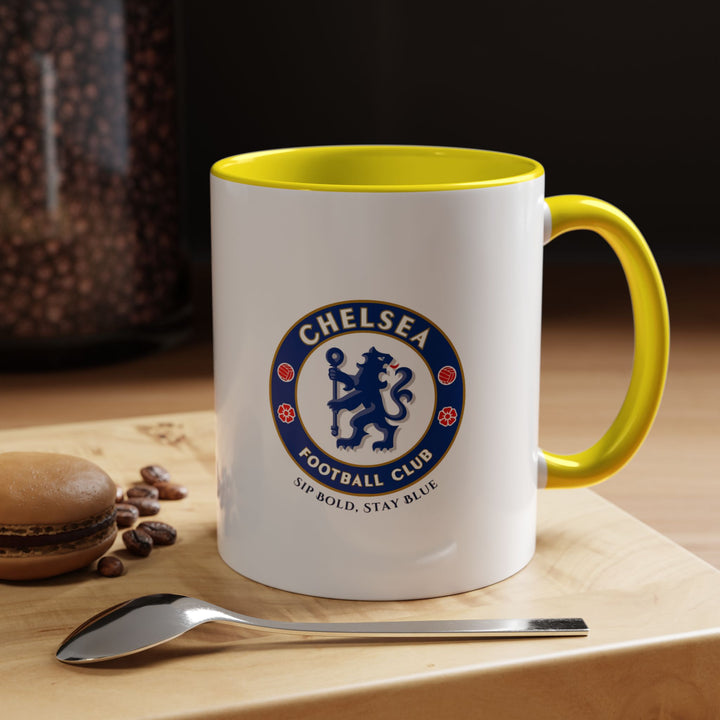 Bright yellow Chelsea FC ceramic mug showcasing the official club emblem. Perfect for coffee, tea, or hot beverages, this durable and stylish mug brings energy to everyday routines, home or office use, and makes a great gift for enthusiastic Blues supporters.