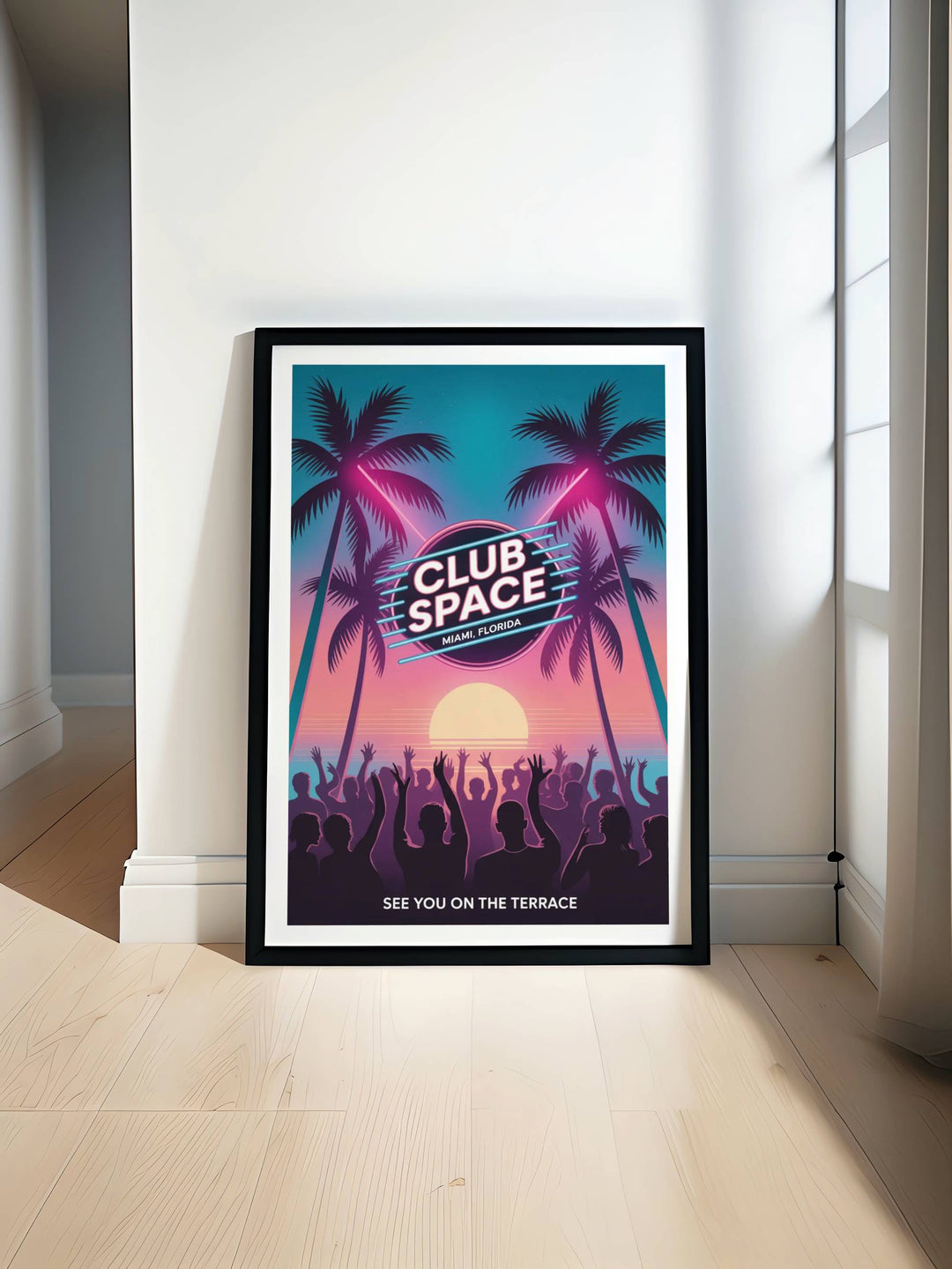 Club Space Miami Nightclub Wall Art featuring a vibrant Miami Vice sunrise aesthetic with teal palm trees and a glowing neon logo in a modern travel poster illustration style.