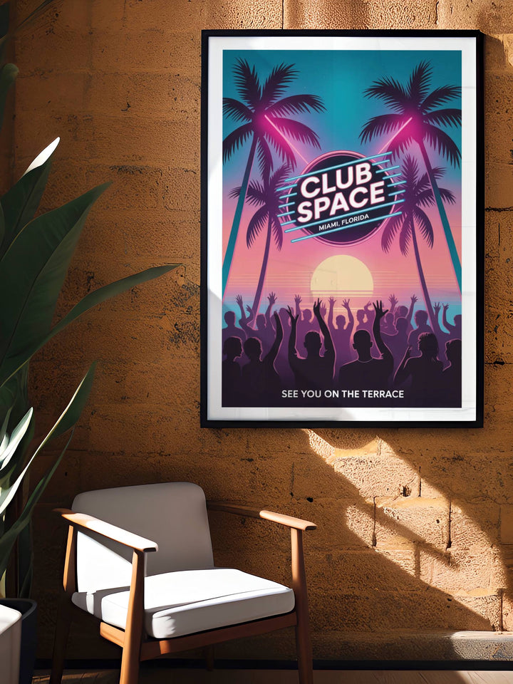 Nightclub wall art Club Space Miami illustration with a clean vaporwave lighting effect that captures the modern energy of the world-famous nightclub and its tropical setting.