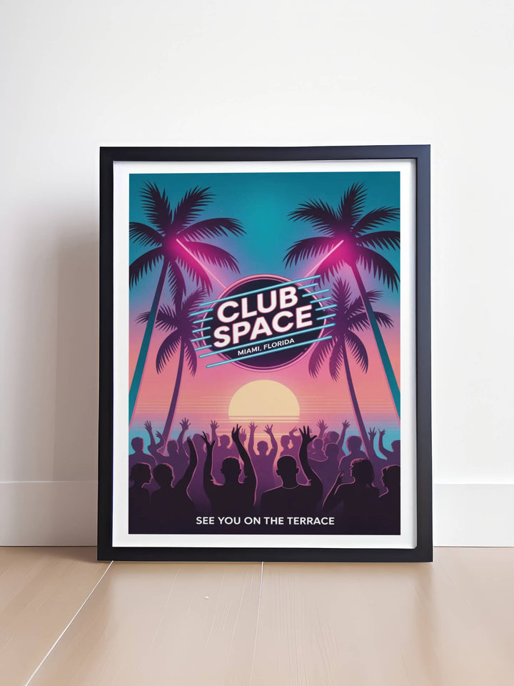 Club Space Miami art print styled in a luxury high-rise apartment, demonstrating the perfect fit for contemporary Florida decor and electronic music enthusiasts&