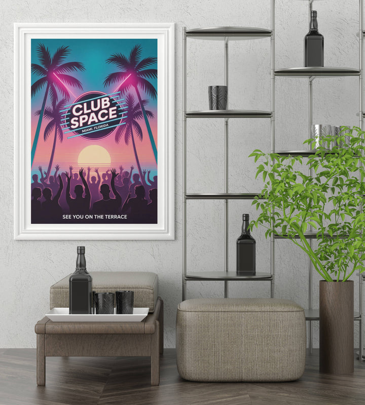 Detail view of Club Space Miami wall art highlighting the smooth digital finish and high-quality Giclee printing on premium archival paper for a long-lasting music-themed print.