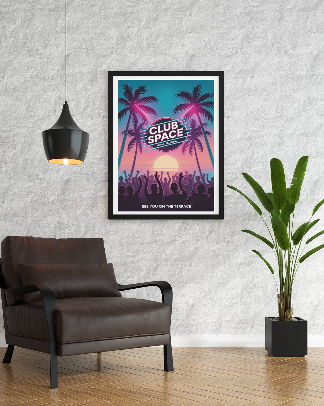 Club Space Miami nightclub art displayed in a modern white frame, showcasing how the vibrant tropical colors can brighten a living room or creative office space interior.