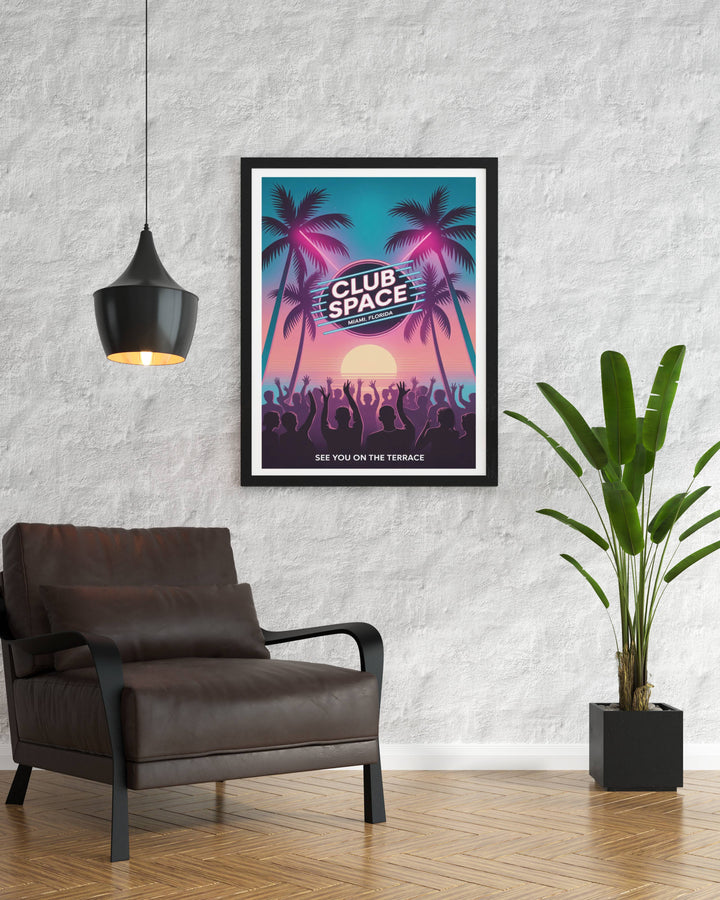 Club Space Miami nightclub art displayed in a modern white frame, showcasing how the vibrant tropical colors can brighten a living room or creative office space interior.