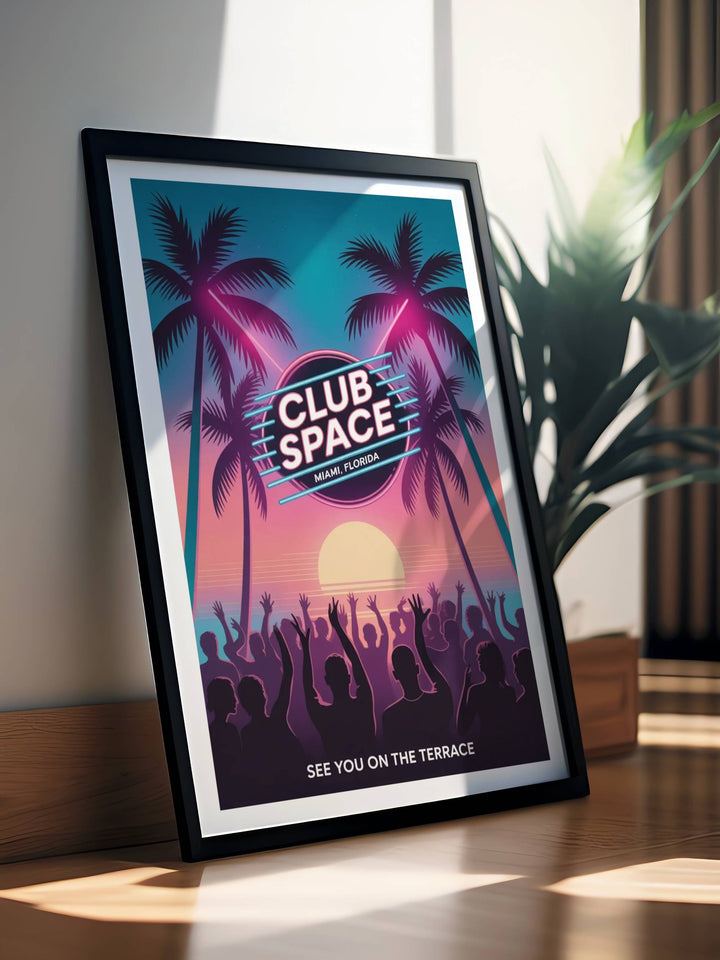 Modern Club Space Miami poster for home decor showing the iconic Space Terrace at sunrise with pink and magenta gradients and stylized silhouettes of club-goers dancing.
