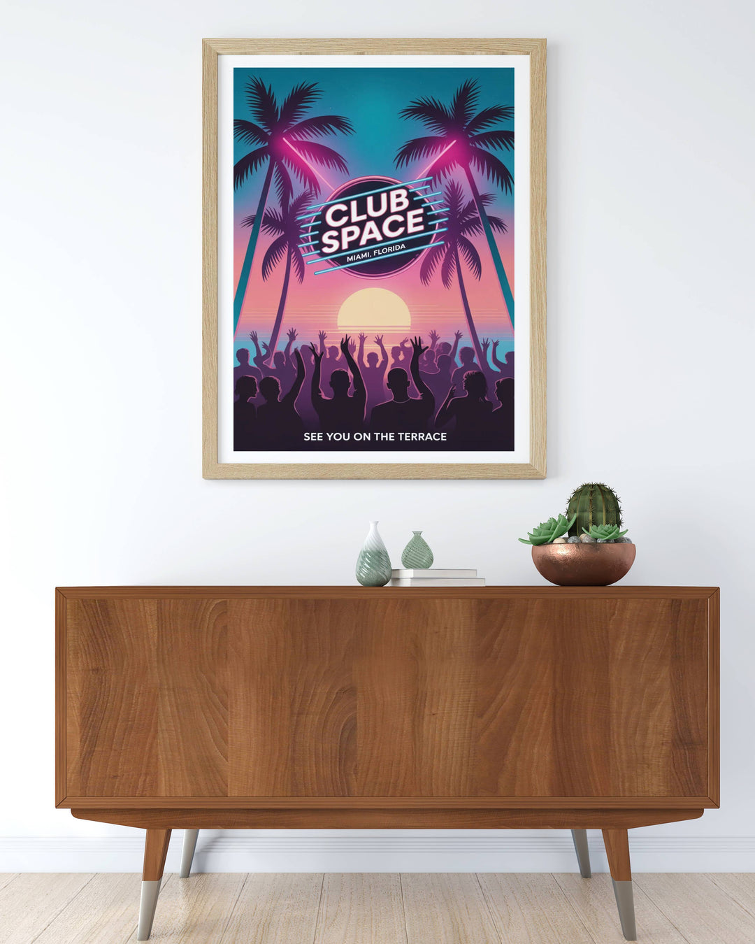 Typography detail of the Club Space Florida travel poster showing the sleek modern font and the legendary See You On The Terrace slogan at the bottom of the design layout.