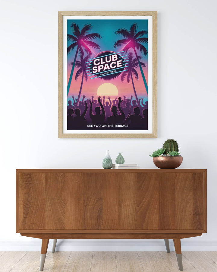 Typography detail of the Club Space Florida travel poster showing the sleek modern font and the legendary See You On The Terrace slogan at the bottom of the design layout.