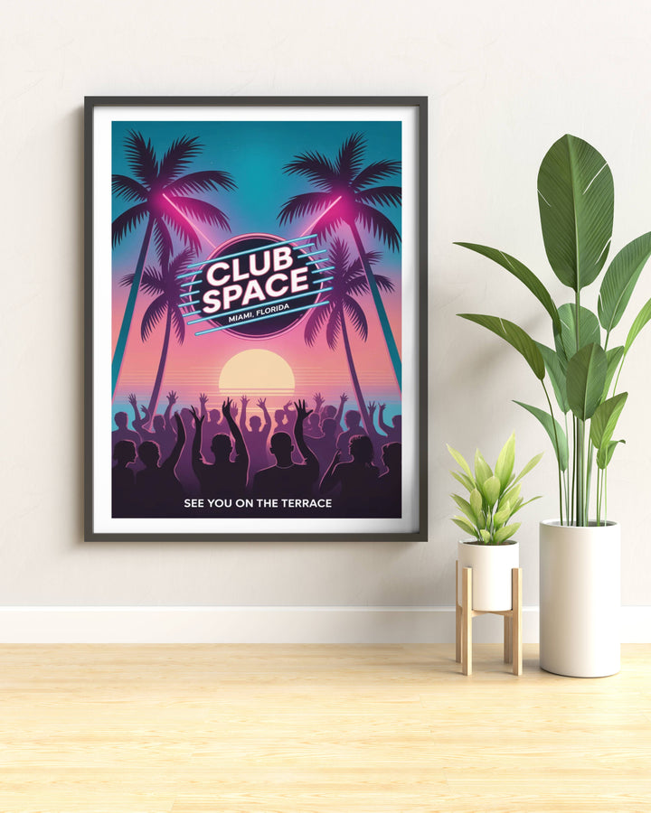 Gallery-wrapped Club Space Miami canvas art side view showing the depth of the teal and pink colors and the professional museum-quality finish of this nightlife-inspired piece.