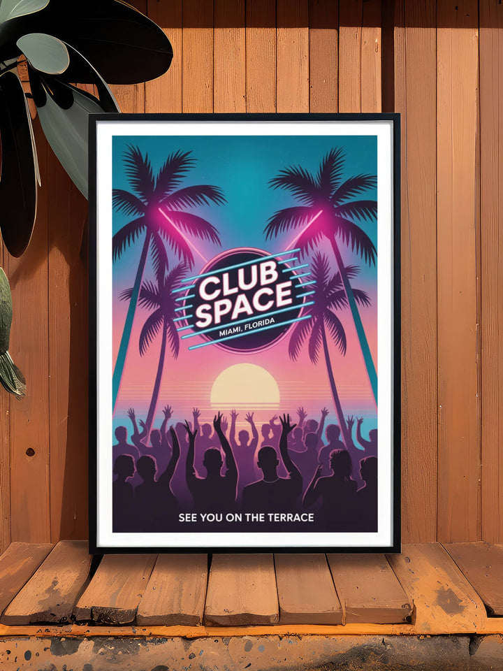 Retro-inspired Club Space Miami poster gift idea for DJs and house music fans, featuring the iconic sunrise vibe that defined Downtown Miami&