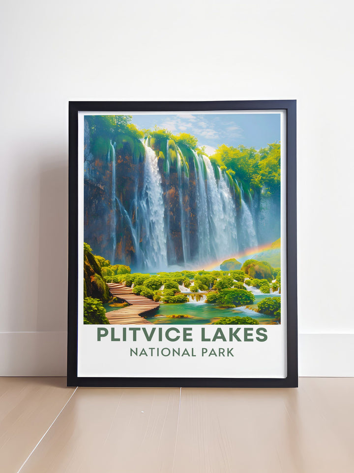 Plitvice Lakes art showcasing the majestic Veliki Slap Boardwalk a beautiful representation of Croatias natural wonder this print is ideal for those who love nature and want to bring the peaceful ambiance of Plitvice Lakes into their home decor