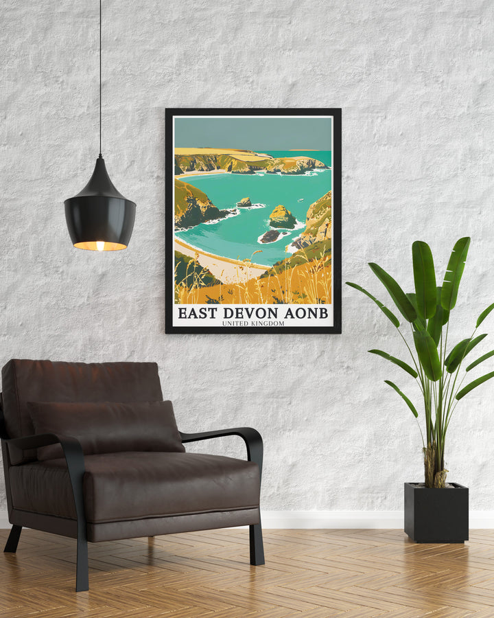 Vibrant Branscombe Mouth English Channel Modern Decor piece featuring the breathtaking view of the English Channel and rolling hills of East Devon AONB this print adds a touch of elegance and tranquility to your living room or office