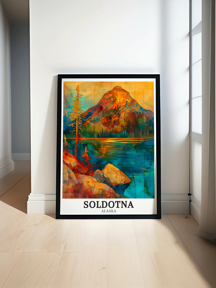 Captivating Soldotna art print depicting the tranquil Kenai River and the rugged Ptarmigan Peak. The print reflects the serene and powerful landscapes of Alaska, making it a timeless addition to any collection