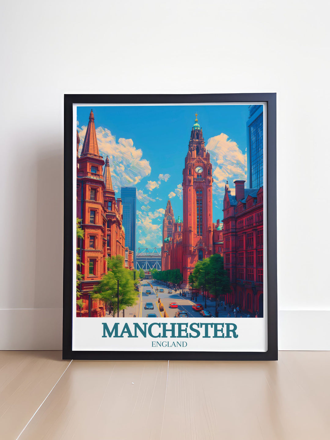 Retro travel poster featuring Manchester town hall with its intricate design and historical significance ideal for enhancing home decor and adding a touch of elegance to any room.