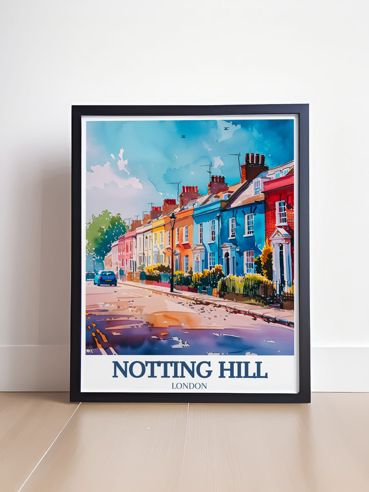 Notting Hill art featuring the famous Portobello Road Market and St. Peters Church in elegant detail perfect for West London decor or as a gift capturing the lively energy and beauty of one of Londons most beloved neighborhoods in a timeless style