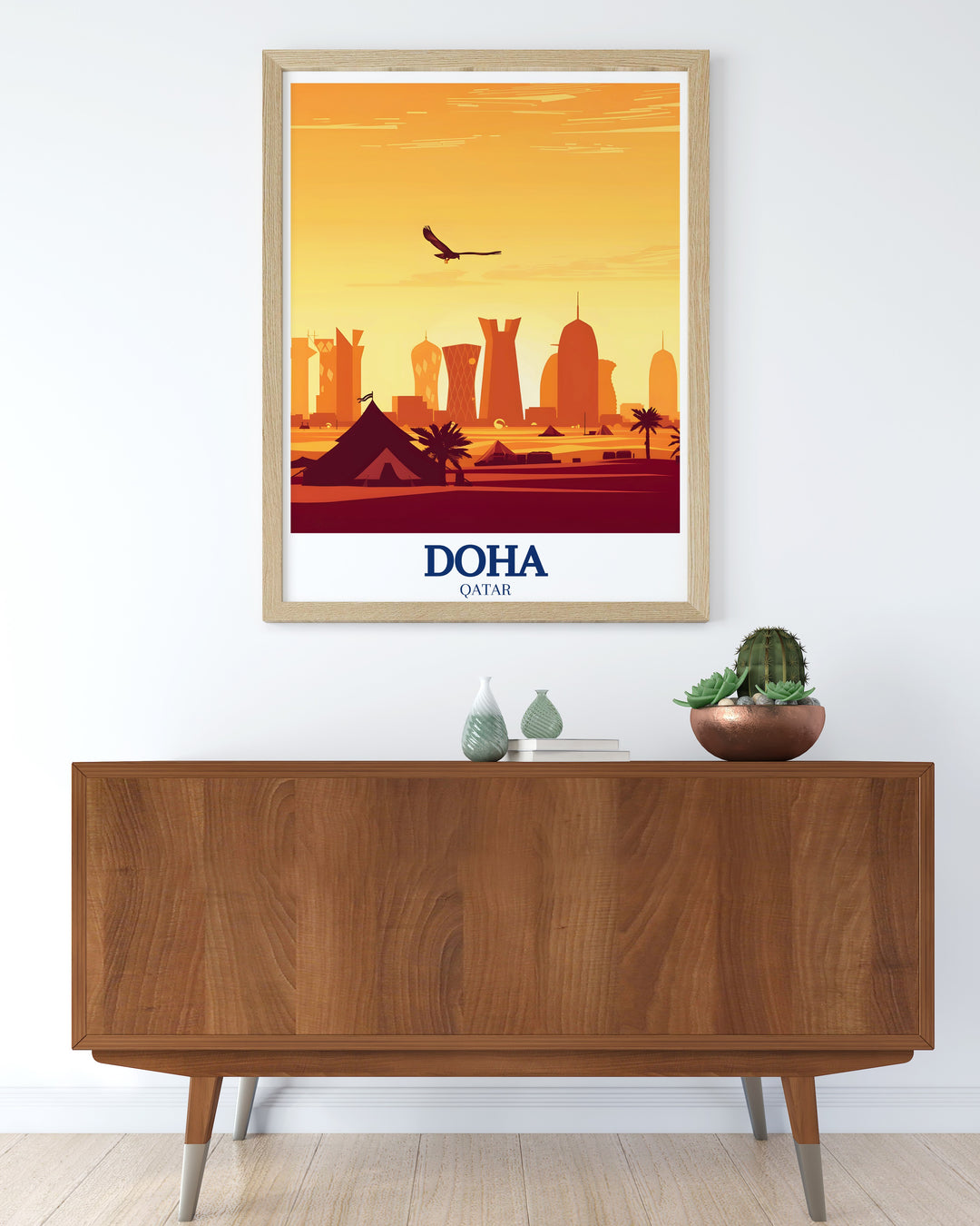 The Qatari deserts majestic beauty is highlighted in this travel poster, where the simplicity of nature meets the serenity of an untouched landscape, ideal for creating a peaceful ambiance in any room.